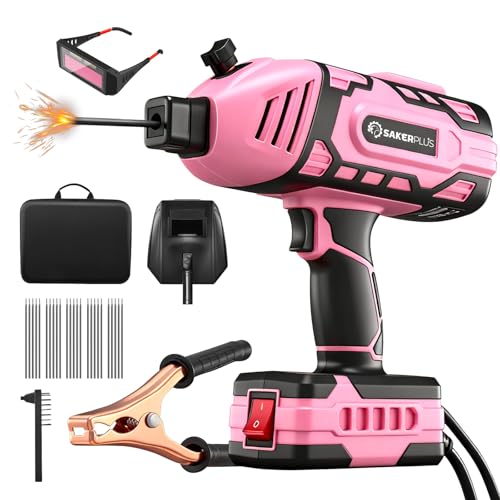 SakerPlus Portable Welding Machine, 110V Portable Welder Handheld, ARC Portable Welder with IGBT Inverter 5 Variable Current Adjustment, Helmet,Carring Case Included(Pink,25pcs 3/32