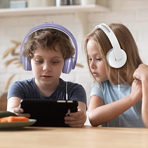 Kids Headphones, Lightweight Childrens Headphones for School, Foldable Wired Headphones with Microphone, Volume Control, Stereo Bass for mobile phone, tablet, PC, laptop- White and silver