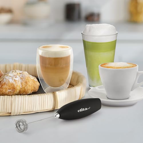 Image of ElitaPro Powerful Milk Frother Wand - Handheld Coffee Frother - Mini Foam Maker With Stand - Whisk Drink Mixer & Foamer for Coffee, Latte, Cappuccino, Frappe, Matcha, Hot Chocolate (Black)