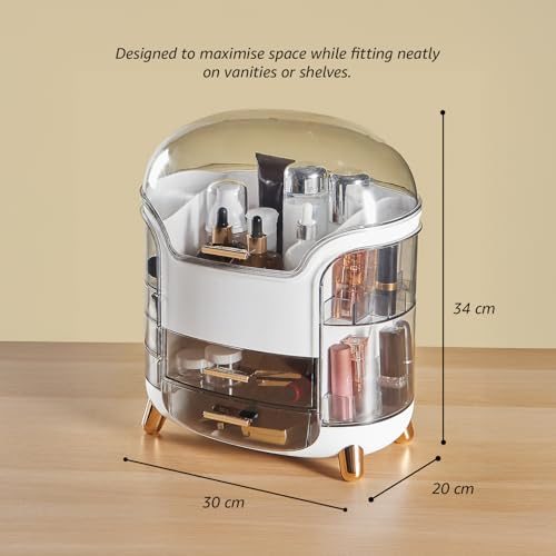 Image of Amazon Basics Glossy ABS+PC Cosmetic Storage Organizer | 30 x 20 x 34 cm | Multi-Compartment | Waterproof & Dustproof Lid | White