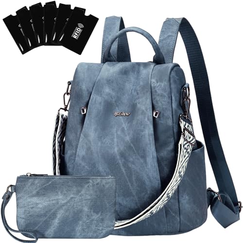 Eshow Petit Sac a Dos Femme Antivol, Sacs à Main Portés Dos Elégant Léger Imperméable PU Cuir, Sacoche Bandoulière avec Étui anti RFID & Pochette pour...