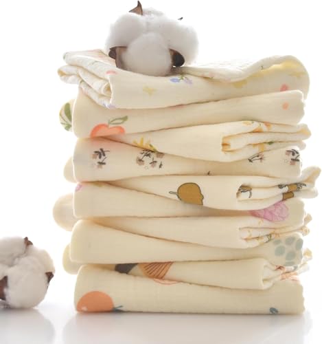 Image of Little Boo Muslin 6 Layer Organic Cotton Face Towel for Newborn Baby, Baby Bath Towel Wipes Extra Soft Hankies Handkerchief for Kids, Reusable Towel for Toddlers Kids - (Pack of 5) - Beige Printed.