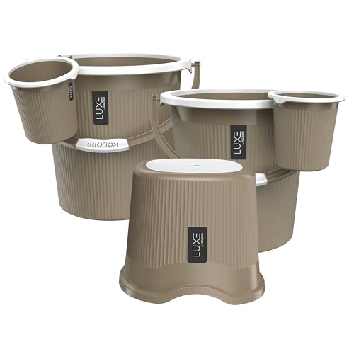Image of KOLORR Luxe Bathroom Set (Bucket 18L x 2) + (Mug 1.5L x 2) + (Luxe Patla x 1)|Sturdy and Durable |Lightweight| Easy to Clean and Attractive Design|Pack of 5|Ratan LT Brown