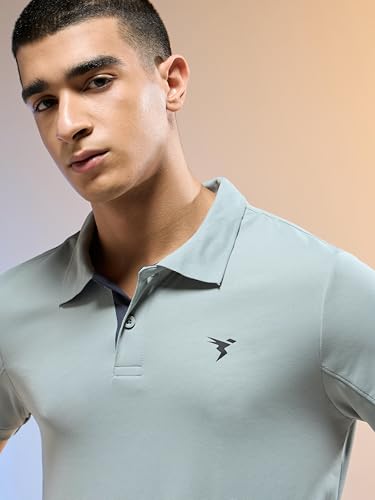 Image of TECHNOSPORT Men's Solid Slim Fit Polo Collar T-Shirt TECHNOCOOL+ Half Sleeve Button Polyester for Gym Running Workout UPF50+ Anti Odour