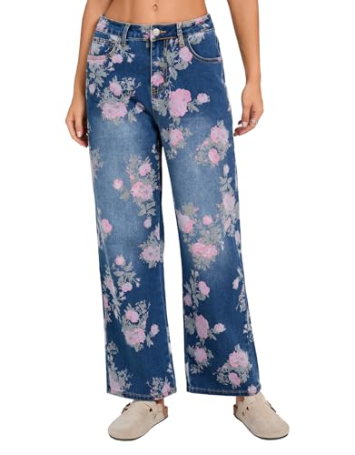Kedera Women's Baggy Straight Jeans Casual Boyfriend Mid Rise Floral Printed Wide Leg Denim Ankle Pants