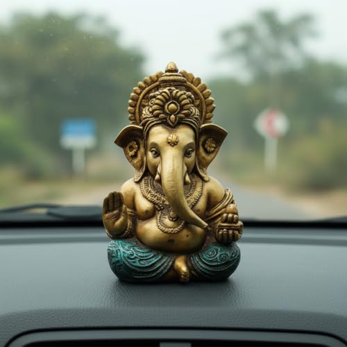 Image of Antique Gold Ganesha Idol Car Dashboard Idol Ganesha Murti Ganpati Idol for Home Decor Pooja Lord Ganesh Statue Gift for Office Desk Pooja Room (Ganesha Antique Gold)