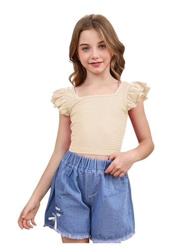 Image of OYOANGLE Girl's Casual Solid Ruffle Trim Cap Sleeve Square Neck Cute Crop Tank Tops T-Shirts