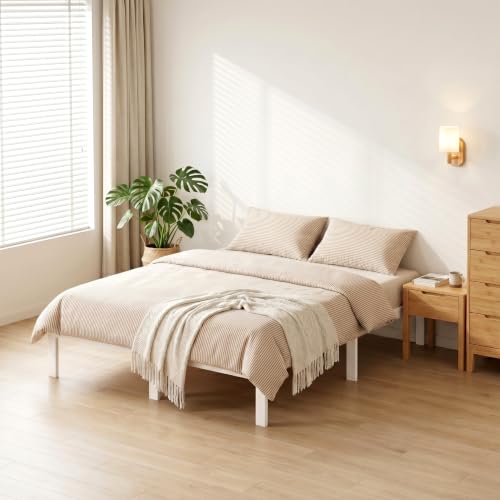BambooSync 14 Inch Bamboo Bed Frame – Solid Wood Platform Bed Frame, Strong and Stable, with Non-Slip Slats for Support, No Box Spring Needed, Easy to Assemble, Noise-Free (White, Full)