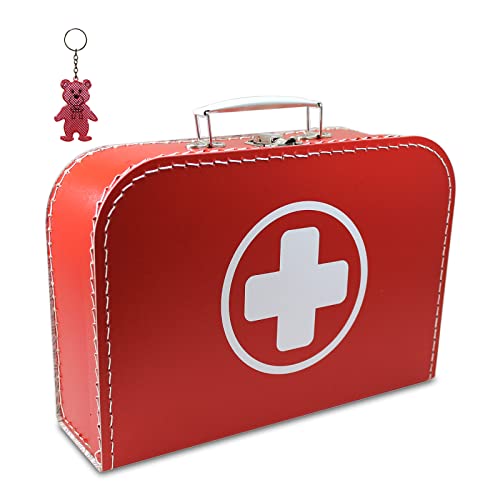 Pappkoffer Arztkoffer rot mit weißem Kreuz 35 cm inkl. Anhänger Koffer aus Pappe Cover