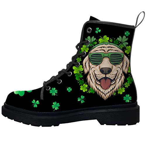 ADIGOW Mens Womens Shamrock Boots Combat Boots Ankle Booties Shamrock Clover Dog Print Golden Retriever Boot Work Shoes Gifts for Women Men,Size 7.5 Men/9 Women Black