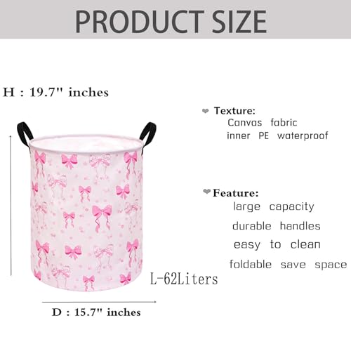 Image of Pink Bowknot Kids Laundry Hamper Clothes Gift Basket Storage Laundry Baskets Organizer Bin with Handles for Nursery Room
