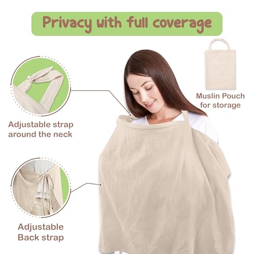Organic Cotton Nursing Cover, Muslin Breastfeeding Cover 43 x 28 inches, Breathable Nursing Cover Up for Breastfeeding, Multi-Purpose Breast Feeding Covers for Women (Ivory)