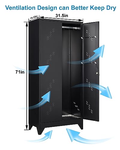 Image of Metal Storage Cabinet with Lock, 71 inch Garage Storage Cabinets with Hanging Rod & S-Hooks, Large Storage Cabinet, Locking Tool Utility Closet, Black