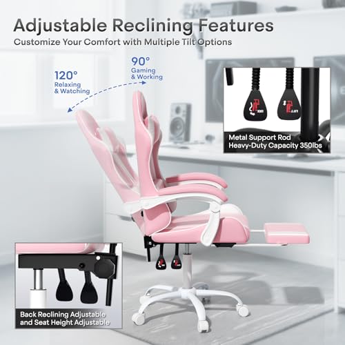 Image of Athena Collection Ergonomic Gaming Chair for Adults, Pink | Height Adjustable Office Chair Computer Desk Chair with Footrest & Headrest Lumbar Support for Office & Home, 350lbs