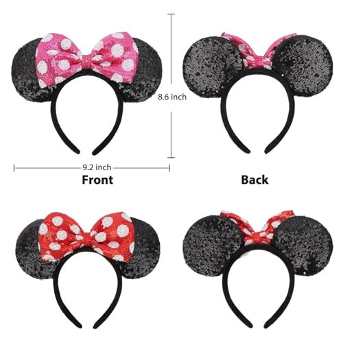 JOWILIN Mouse Ears Headbands, 2 Pcs Headbands with Spotted Bow and Shiny Sequin, Classic Amusement Park Decoration, Cute Cartoon Hair Accessories for Girls Women for Party Cosplay (Red & Pink)