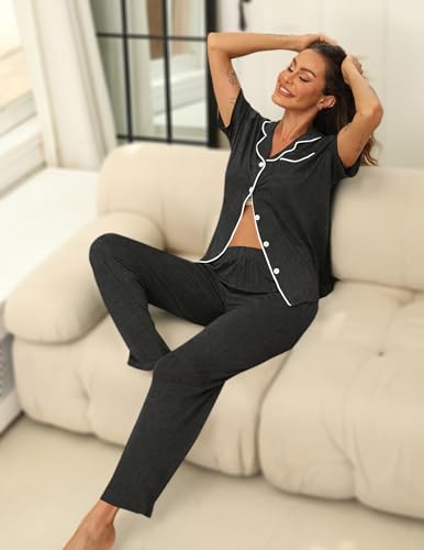 Image of HNG Women Pajamas Set 2 Piece Button Up Pajamas Pant and Short Sleeve Shirt for Woman Pj Sets with Pocket
