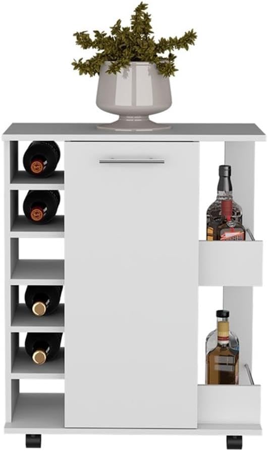 DEPOT E-SHOP Selden Bar Cart with 6-Built in Bottle Racks, Casters and 2-Open Side Shelves, White