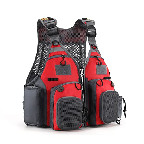 Unisex Mesh Fly Fishing Vest, Multiple Pockets Fishing Vest Hiking Waistcoat Jacket Adjustable Size Gifts for Men Women Red