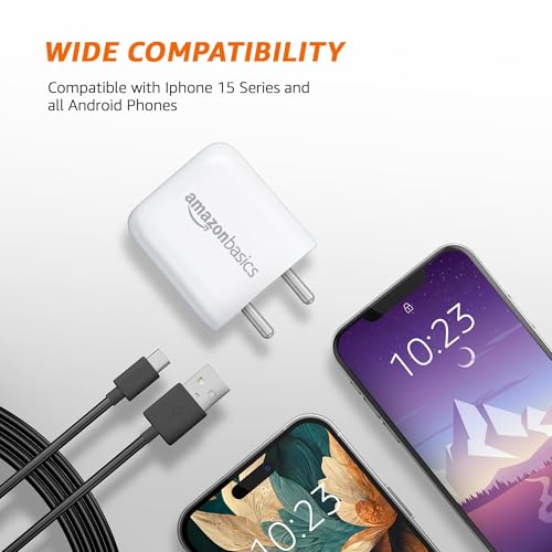 Image of Amazon Basics 38W Dual Port Charger + Active Type A to Type C Cable | Fast Charging 20W+ 18W /Type A +C Adapter (White) with Fast Charging Cable Included | Compatible with Samsung, Oppo, Redmi Phones