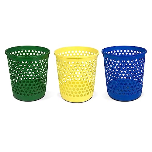 TIENDA EURASIA - 3 Papeleras de Plastico, 3 colores Amarillo, Azul y Verde, 28x29cm, Material Reciclable, Diseño Hueco Moderno, Oficina y Hogar, Papelera para Escritorio, Cubo Portatil