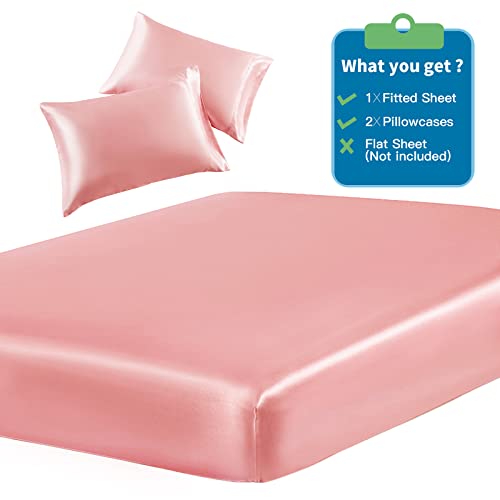 Siinvdabzx 3-Piece Set Satin Twin Fitted Sheet & 2 Pillowcase, Blush Pink Silky Soft Fitted Bottom Sheet, Wrinkle Free, Fade Resistant, Deep Pocket Bed Sheet (Deep Up To 15") #TOP2