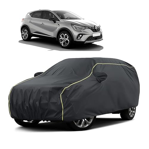 Image of Sulfar 100% Water Resistant Car Body Cover Compatible with Mirror for Renult Captur (Triple Stitched, Full Bottom Elastic, Dark Grey Taffeta with Yellow Piping)