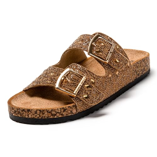 JOMIX Sandales Femme Tongs Femme Mules d'été Femme avec Strass et Double Boucle pour Maison Piscine Plage, Beige, 38 EU