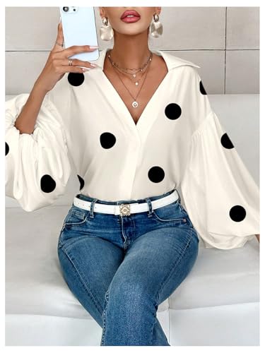 Floerns Women's Polka Dots Collared V Neck Blouse Bubble Sleeve Elegant Shirt Top4