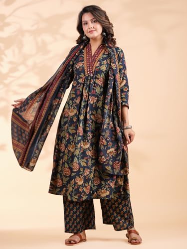 Image of Vbuyz Women Floral Print With Mirror Work Cotton Kurta Palazzo With Dupatta