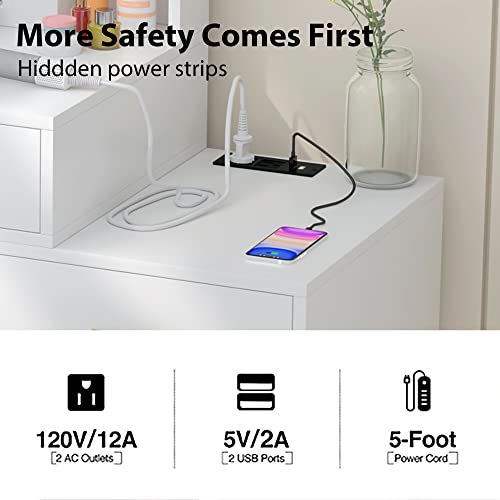 Pakasept Vanity Makeup Desk With Lights And Charging Station, Dressing Table Vanity Desk With Mirror And Lights,Storage Shelves, Drawers For Bedroom,White #TOP2