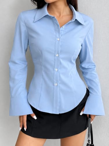 Image of Gufrina Womens Solid Formal Casual Button Down Shirt | Full Sleeve Tailored Fit | Collared Neck | Office Wear Western Shirt with Flared Cuffs and Curved Hem