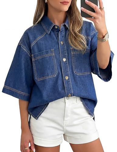 Nitzana Women's Denim Shirt Button Down Jean Shirts Short Sleeve