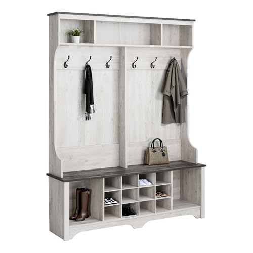 Prepac Farmhouse Washed White Hall Tree, Shoe Cabinet, Storage Cabinet