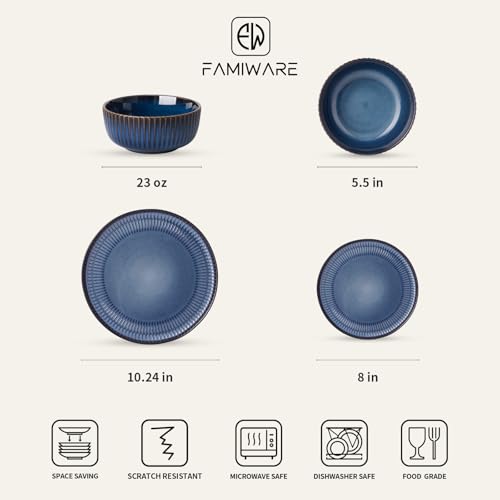 Image of Famiware Starlight 12-Piece Plates and Bowls Sets for 4, Stoneware Dinnerware with Ribbed Textured, Handcrafted Reactive Glaze Dishes - Dishwasher & Microwave Safe, Chip /Scratch Resistant, Starry Blue