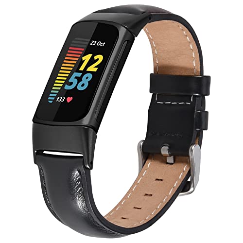 Image of QINGQING Leather Charge 5 Band, Compatible with Fitbit charge 5 bands for Women Girls, Genuine Leather Band Replacement Strap Wrist band for Fitbit Charge 5 Advanced Fitness & Health Tracker (Black)