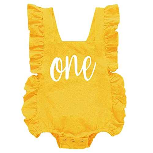 BGFKS Ruffle Sleeve Romper for Baby Girl, Toddler Girls 1st Birthday Bodysuit with Flower Headband.3