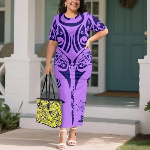 Image of Puletasi Samoan Traditional 2 Piece Outfits for Women Short Sleeve Crop Top and Maxi Skirt Sets Puletasi Dress