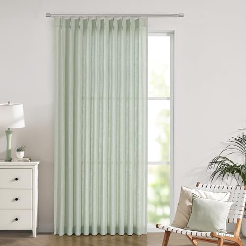 Image of Vision Home Soft Green Pinch Pleated Semi Sheer Curtains Textured Linen Blended Light Filtering Window Curtains 95 inch for Living Room Bedroom Patio Pinch Pleat Drapes with Hooks 1 Panel 60 inch Wx95 L