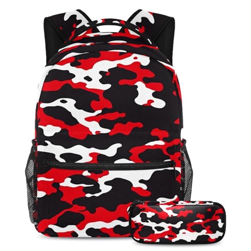 Sac à dos camouflage rouge avec trousse d'école pour garçons et adolescents