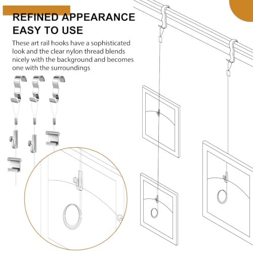 Image of Dunzy 10 Pcs Picture Rail Hooks for Hanging,71 inch Clear Nylon Cord,Silver | Adjustable Hooks with Nylon Cord, Molding Rail Compatible, For Exhibition and Gallery Wall Display, Easy Install