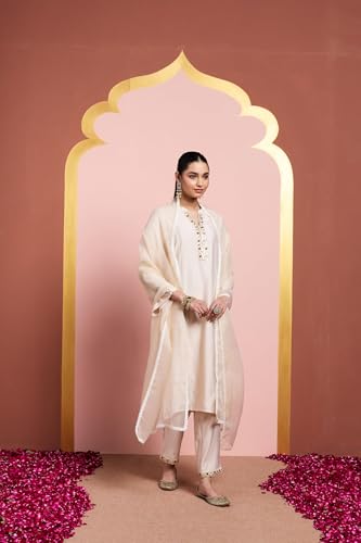 Image of Amazon Brand - Myx Women's Embroidered Kurta Pant Set with Organza Dupatta | Salwar Suit (Available in Plus Sizes)