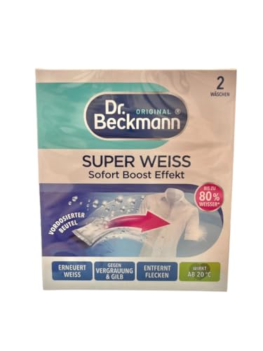Dr. Beckmann Super biały | usuwa szary welon | pomaga zapobiegać żółknięciu | pranie znów stanie się promiennie białe | 2 x 40 g