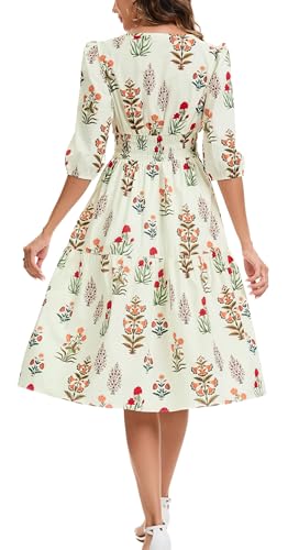 Image of Kormei Women Casual Boho Floral Round Neck 3 /4 Sleeve Smocked Waist Tiered A Line Flowy Swing Midi Dress Long Dresses