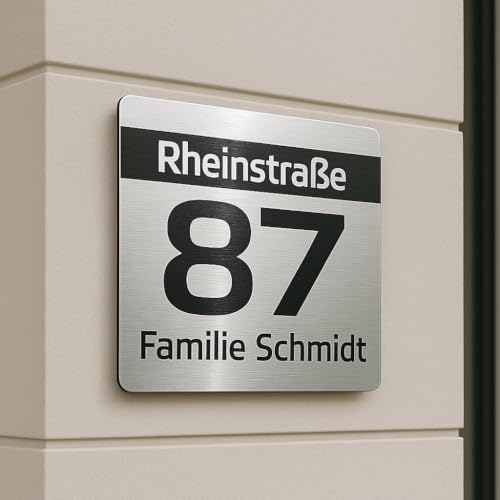 Hausnummernschild von EDS-Werbemedien - Hochwertiges Hausnummer Schild in Edelstahl-Design - Individuell personalisierbares Haus Nummernschild aus UV- und witterungsbeständigem Material
