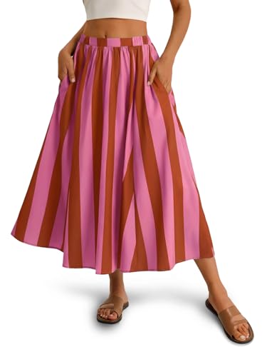 Image of Cicy Bell Womens Summer Striped Maxi Skirts A-Line Beach Vacation Outfits | Elastic Waist, Side Pockets, Flowy, Midi Length, Color Contrast, Trendy Casual