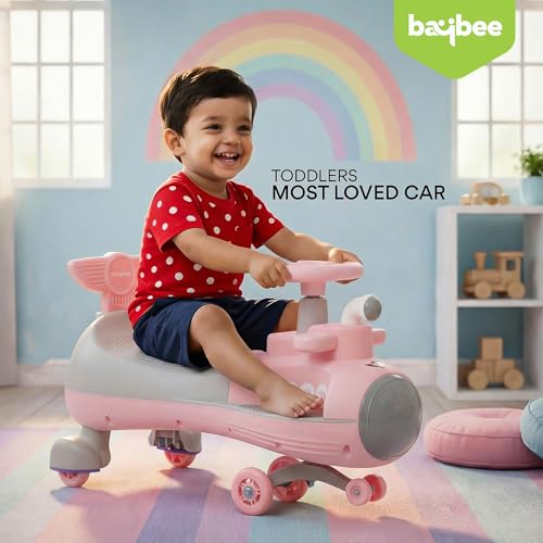 Image of Baybee Diver Baby Swing Cars for Kids | Indoor Wiggle Push Baby car with Floor Lights | Twister Ride on Kids Car with RGB Lights, Music & Backrest | Magic Car for Kid 2 to 5 Years (Pink)