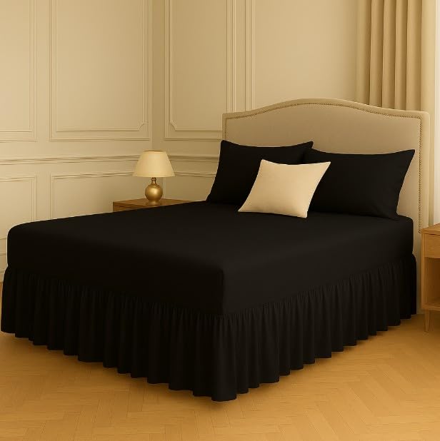 Night Zone Fitted Frilled Valance Sheet Super King Black – 25cm Deep Elasticated Sheet with 30cm All-Around Frill – Fits Over Mattress & Down to the Floor – Polycotton Bed Skirt for Bed Base