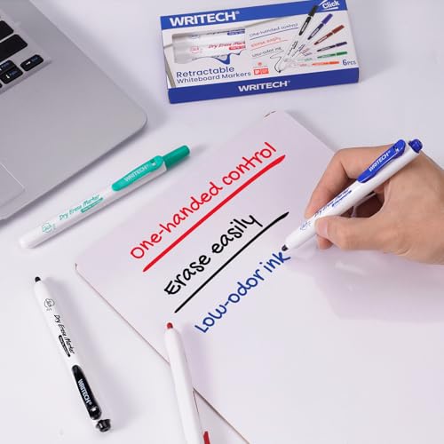 Image of WRITECH Retractable Dry Erase Markers: Fine Point Clickable Colored Ink Marker Low Odor Erasable Thin Tip Refillable Multicolor Whiteboard Marker Pen Set 6ct No Smear Bleed