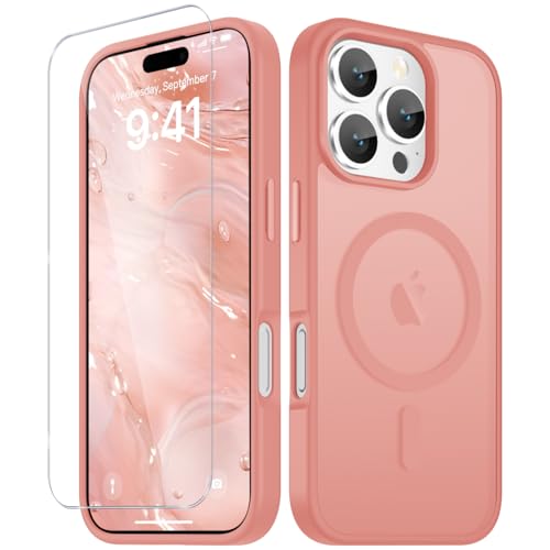 Image of YENAPOON for iPhone 16 Pro Case, Matte Magnetic Phone Cover [with 1 Screen Protector] [Support for MagSafe] [Shockproof Military Grade Protection] Translucent Frosted Back, Pink