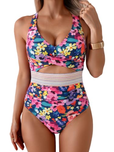 Image of B2prity Women's One Piece Swimsuit Tummy Control High Waisted Bathing Suit | Color Block,Removable Soft Cups,Cutout,V neck,Full Coverage,Adjustable Criss Cross Straps,Tie Back